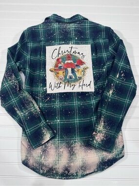 Custom Up Cycled Bleached Flannel Shirt with Christmas Cow Patch